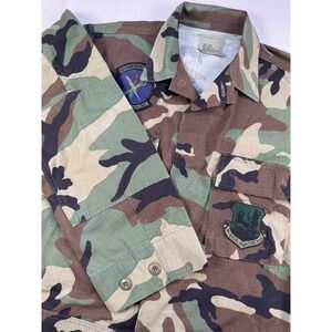 Vtg Woodland BDU Camo  Ripstop Shirt Jacket Sz‎ Small X-Long With USAF Patches